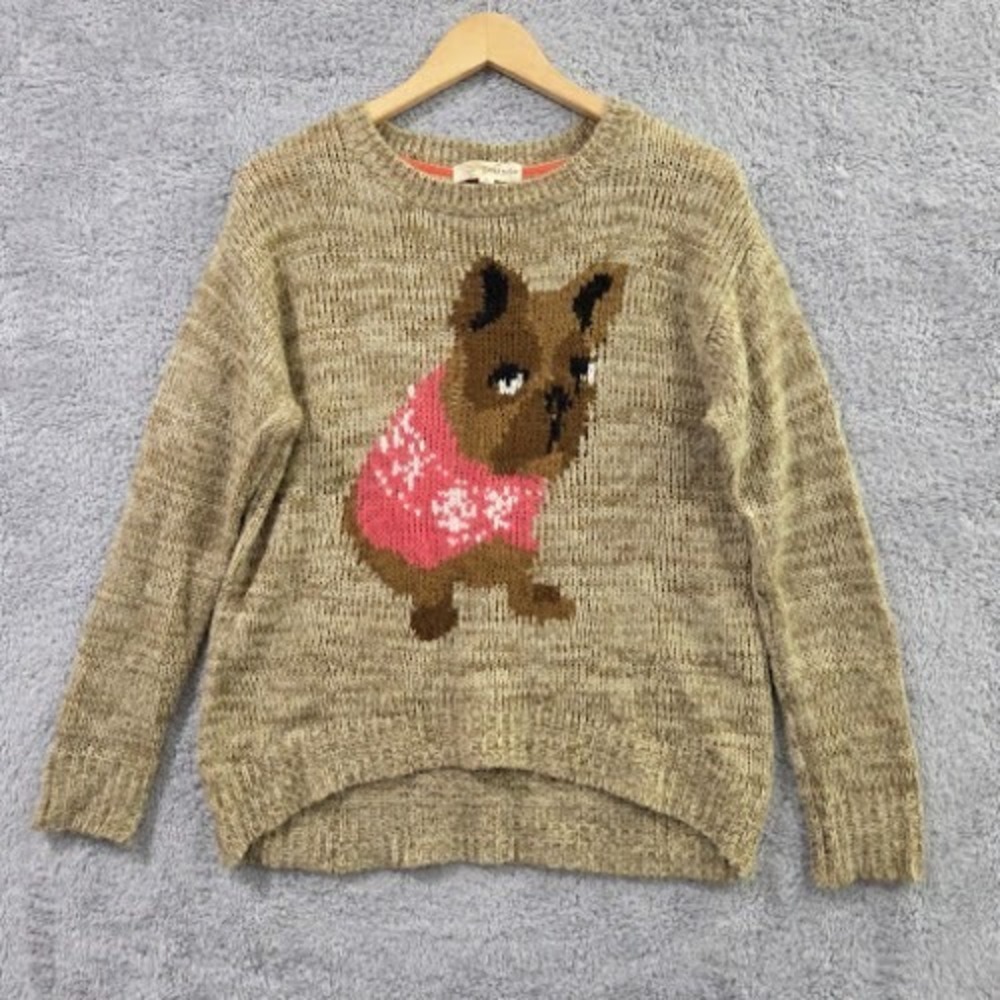 Rewind French Bulldog Intarsia Knit Sweater Women's Medium Tan Pink Curved Hem